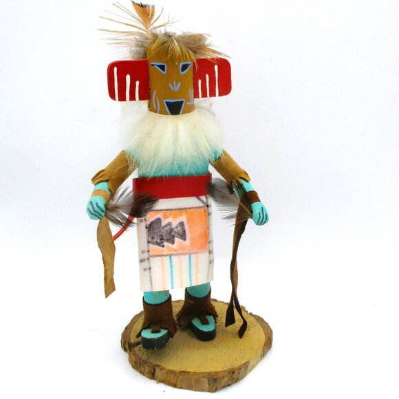 Talavai Kachina Doll With Feathers Wood & Leather 7" Native American Style Art - Picture 1 of 6